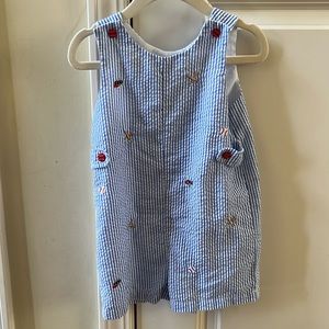 EUC-Good Lad Blue and White Pinstriped Romper with Baseball Embroidery